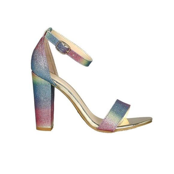 BAMBOO Women's Block Heel Sandal , Pastel Rainbow Glitter size 6B NEW - Picture 1 of 7